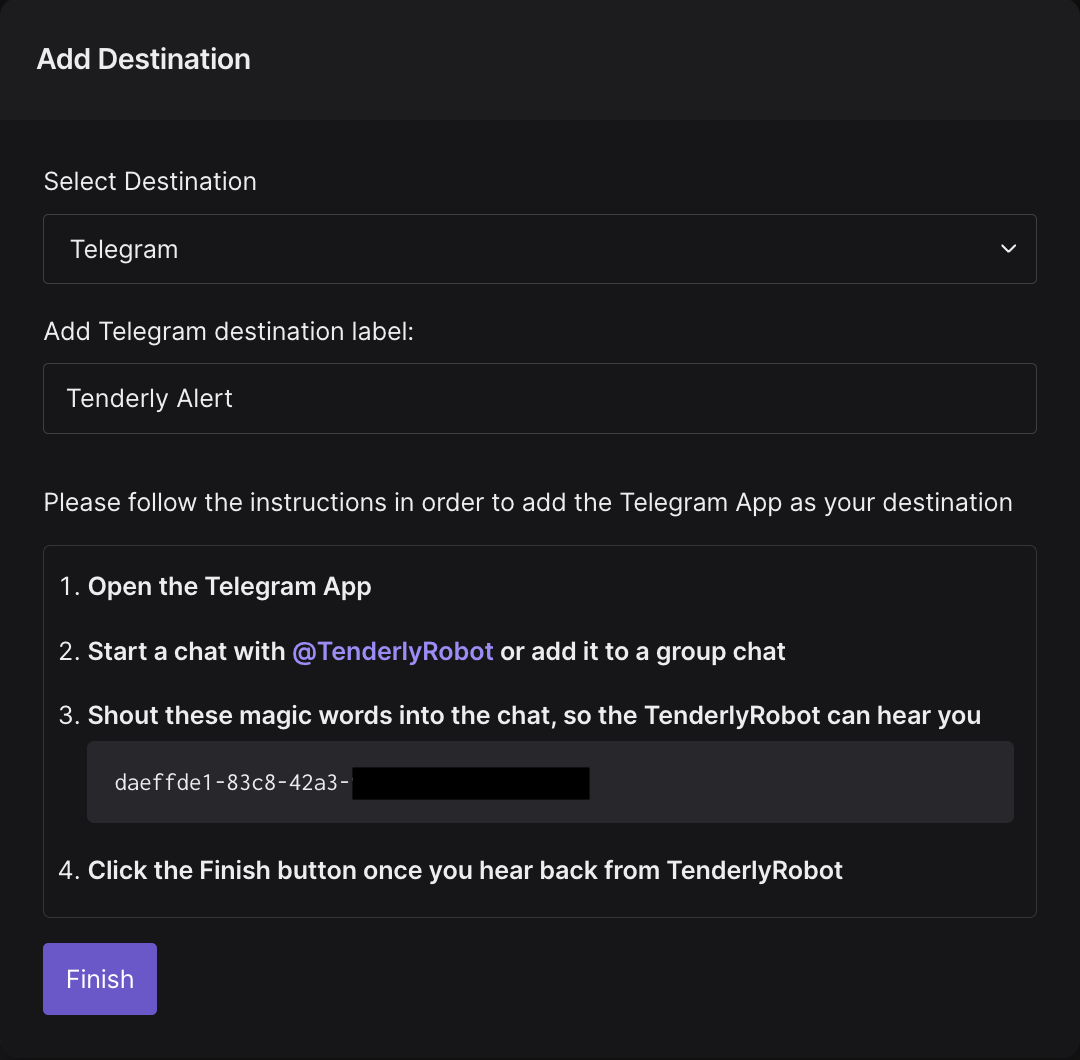 Telegram destination configurations