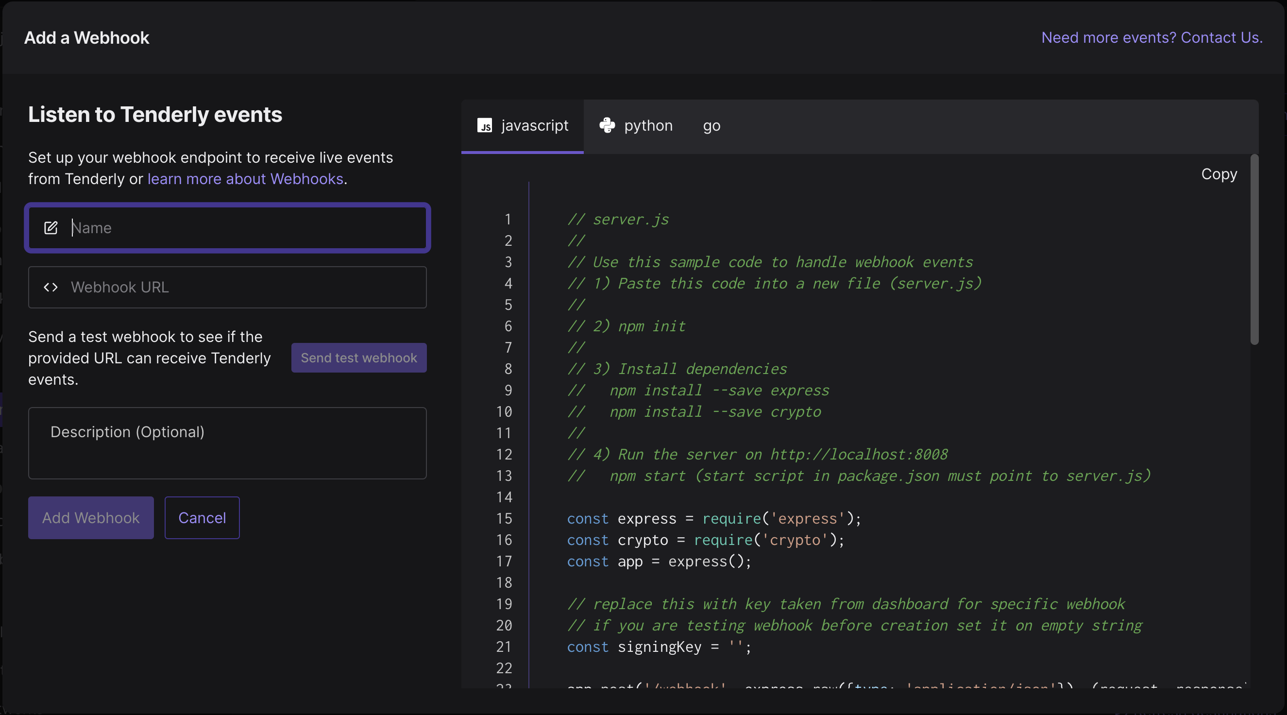 Webhook Modal Advanced Configuration Modal